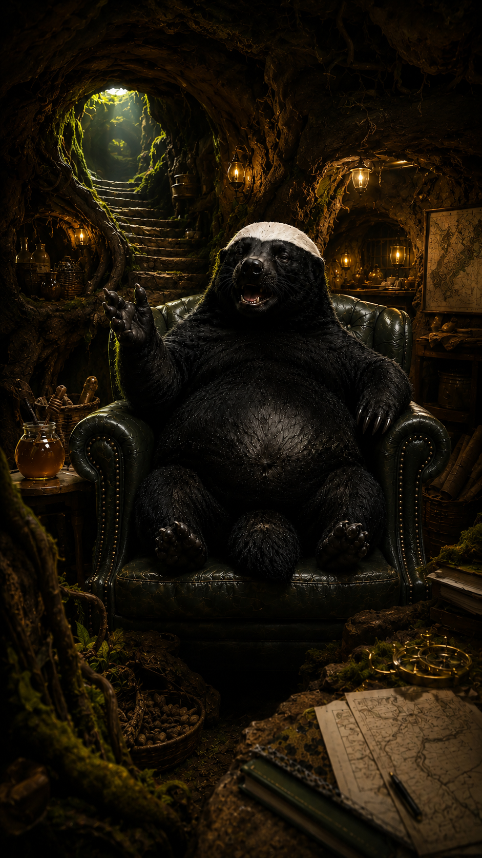 Ask Badger speaking from his dimensional chartreuse-lit underground den beside a honey pot, plans, roots, tunnels, and snakeskin accents