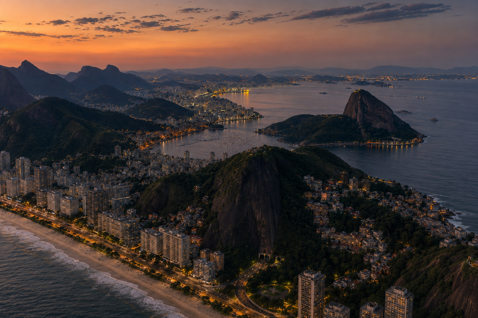 A full-size grounded dusk panorama of Rio with the coastline, city, mountains, São Conrado, and tunnel approach